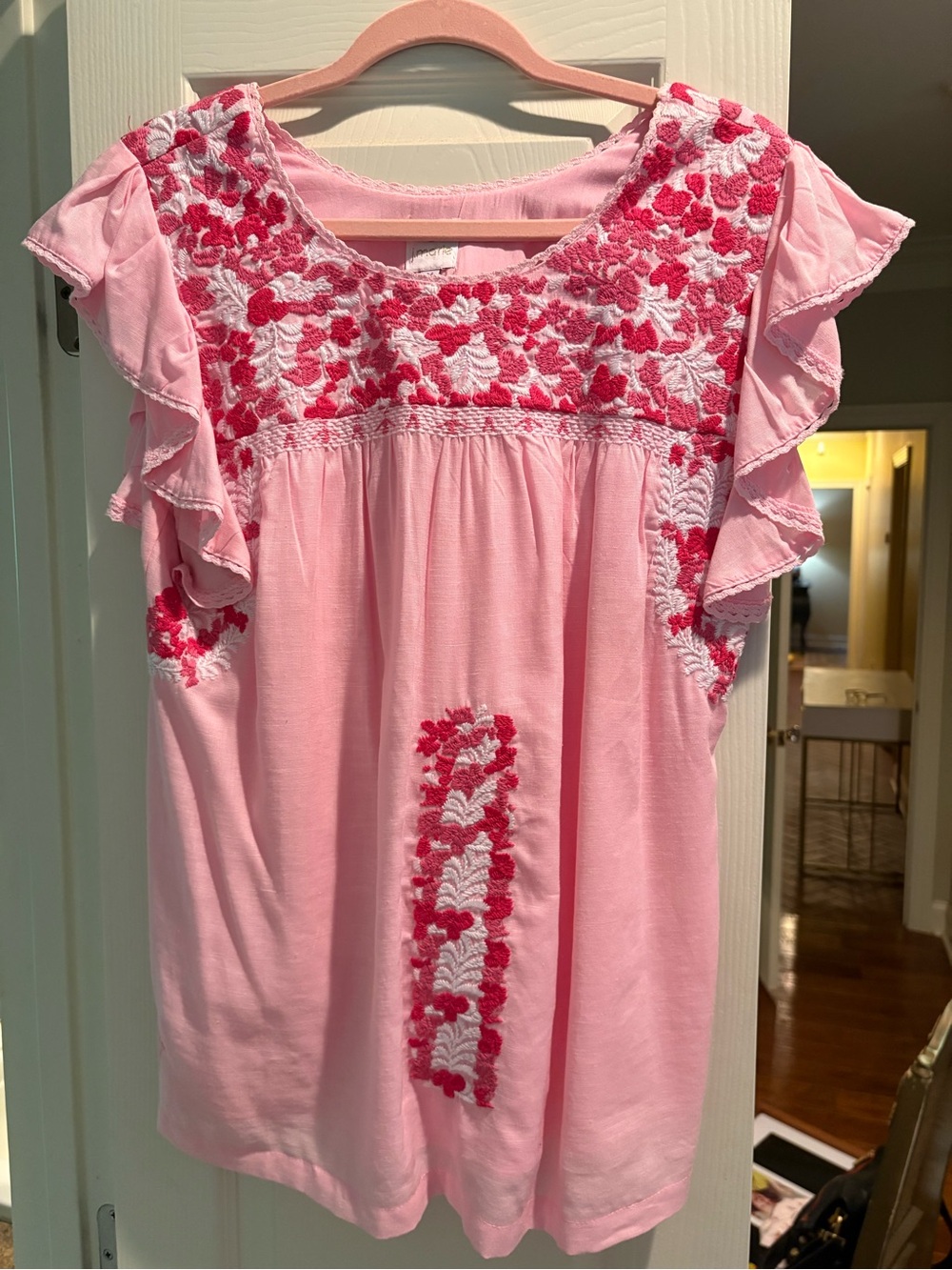 Embroidered Pink Flutter-Sleeve Blouse